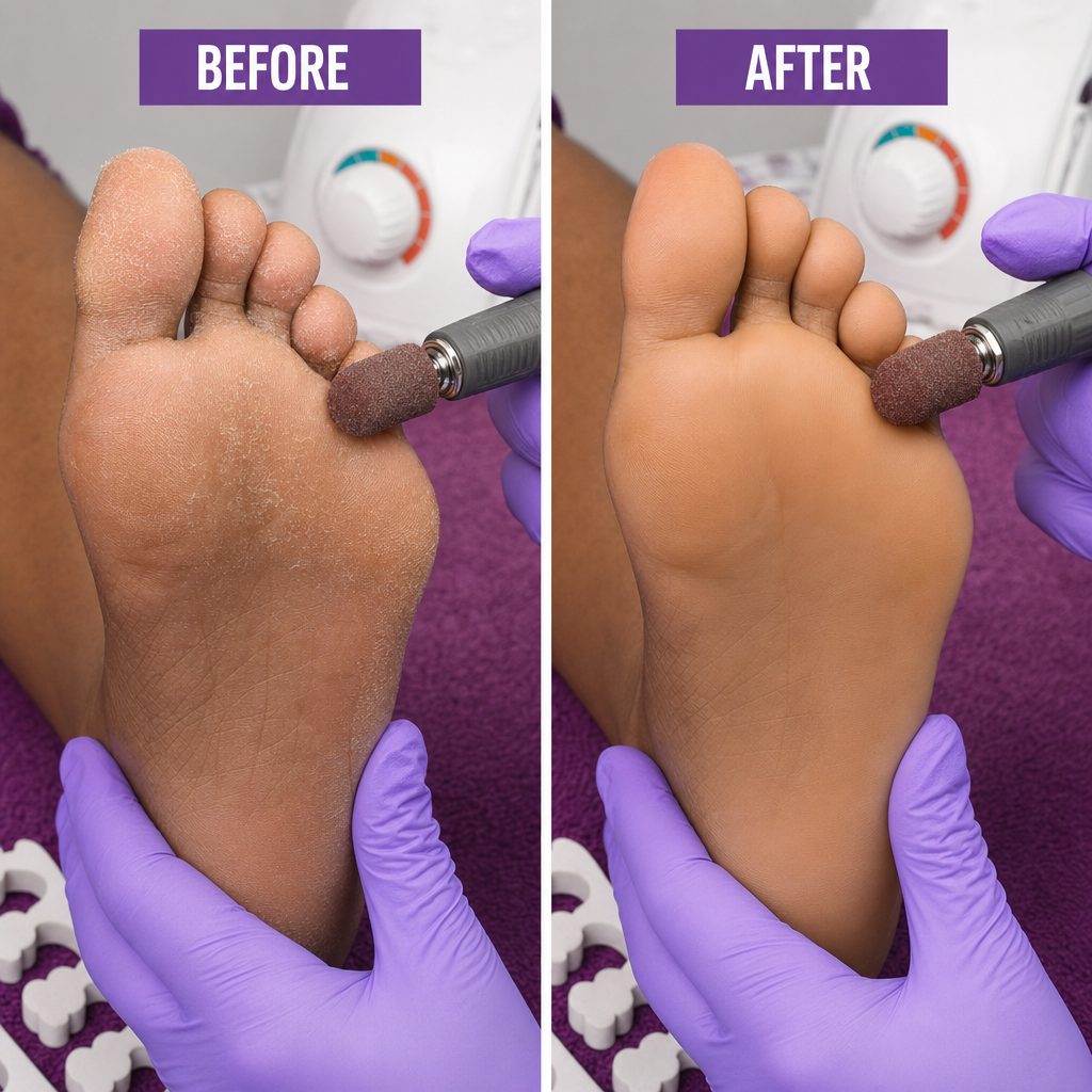 Voetzool voor en na het frezen van eelt tijdens een medische pedicure